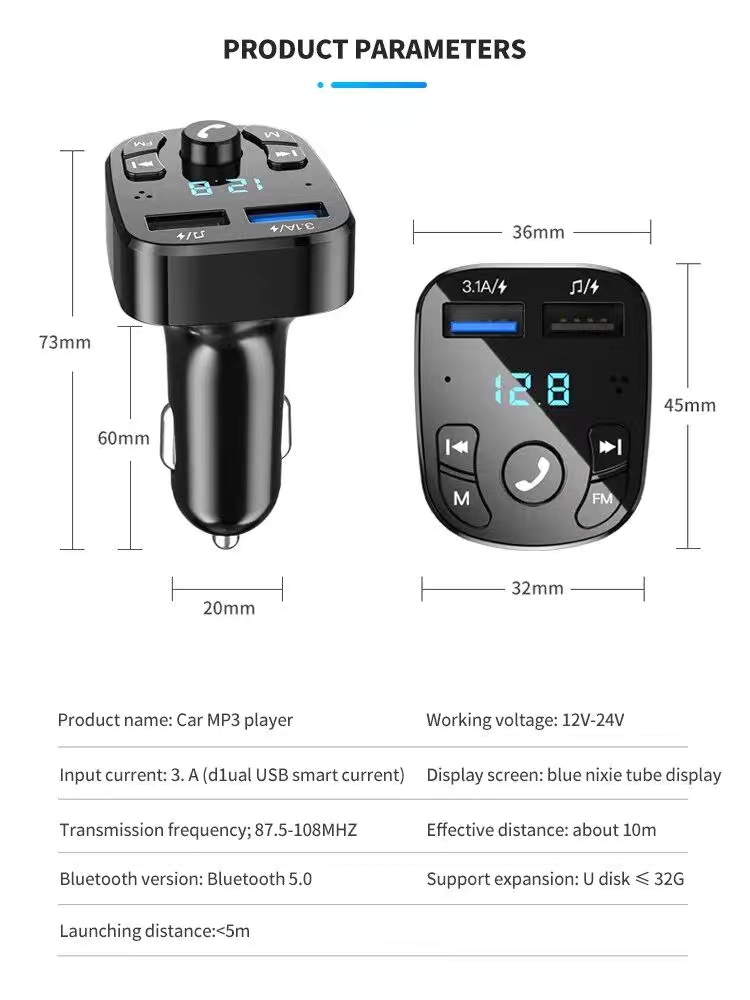 Car Mp3 Player Dual Usb Fast Charger Fm Bluetooth Receiver B - Image 10