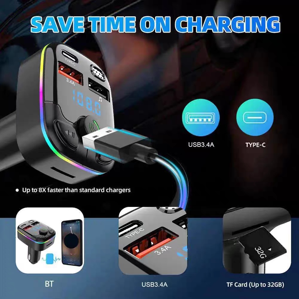 Bluetooth 5.0 Car FM Transmitter β PD Type-C, Dual USB, Ambient Light - Image 2