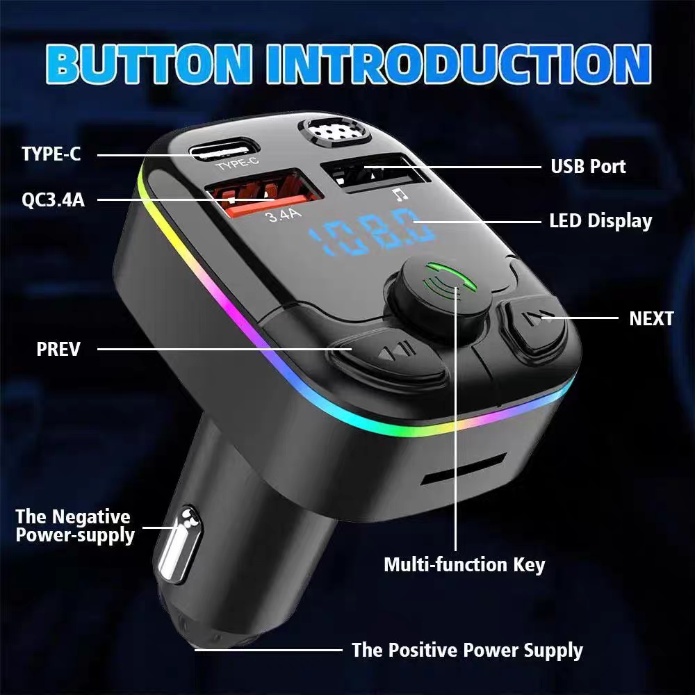 Bluetooth 5.0 Car FM Transmitter β PD Type-C, Dual USB, Ambient Light - Image 3