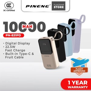 Pineng PN-831PD 10000mAh Powerbank – Fast Charging 22.5W, Built-in Cable, Pocket Size [3C Certified]-Black